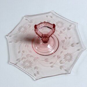 Vintage Pink Depression Glass Etched Center Handled Serving Plate Floral Octagon